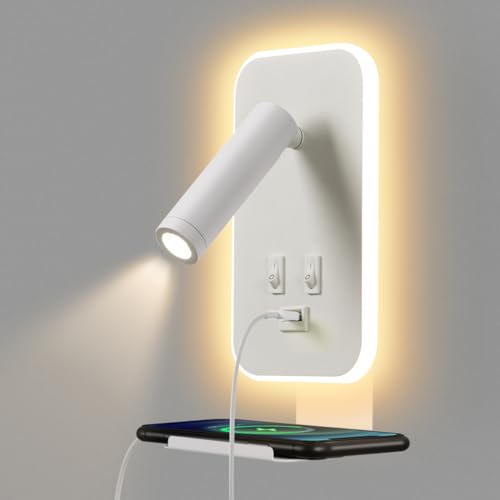 Awekliy Luz de pared LED, luz de lectura de cabecera con interruptor, con puerto...