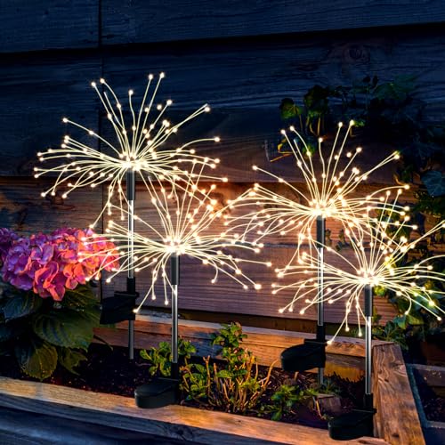 Luces Solares Jardín Exterior 4 Piezas 120 LED luz de Fuegos Artificiales con...